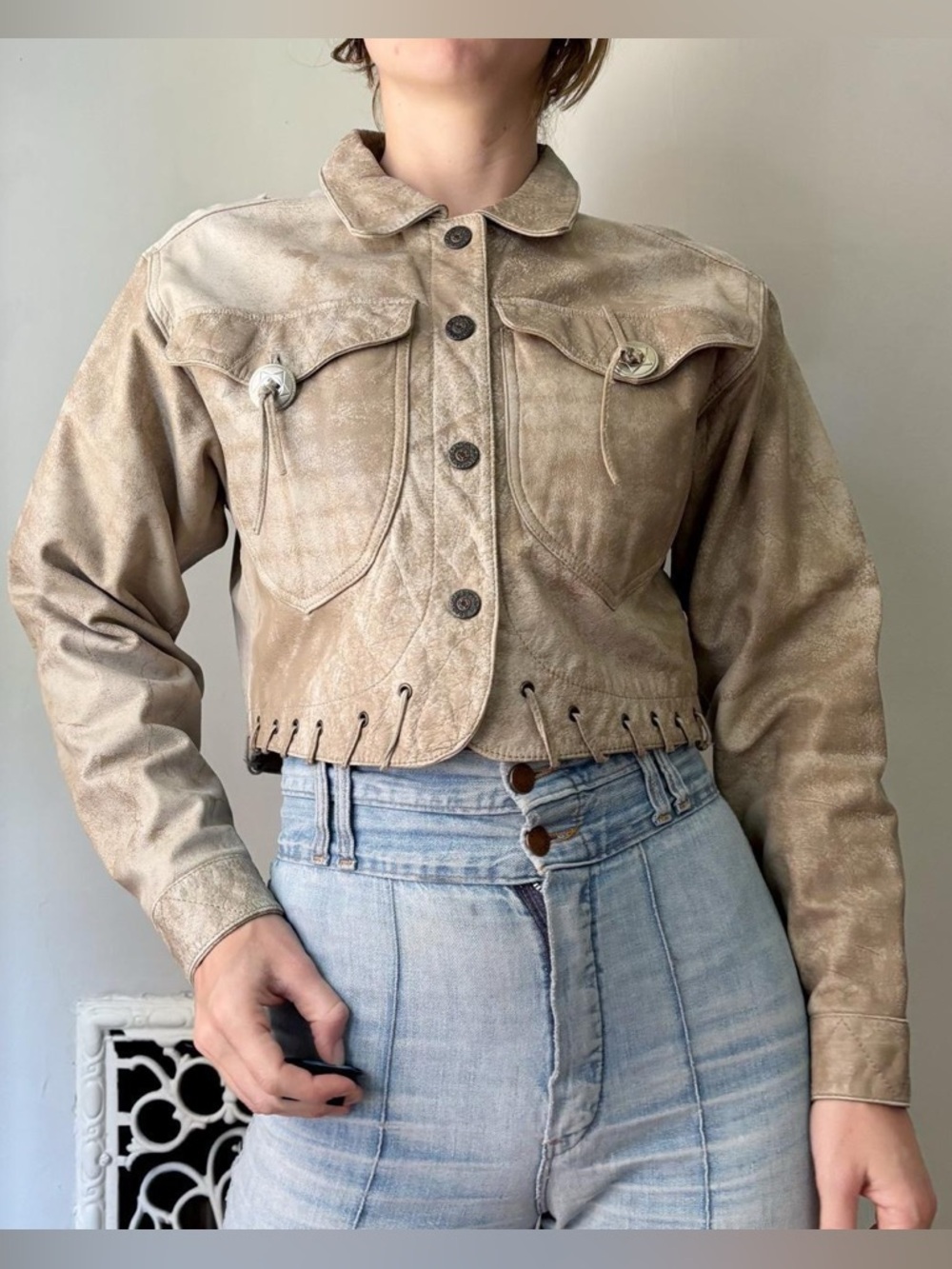 Vintage 80s western tan leather cropped jacket